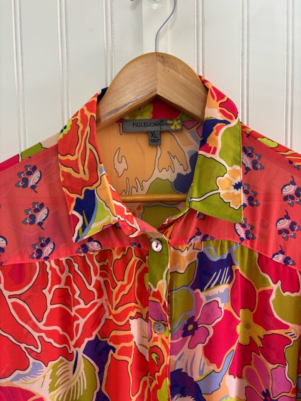 Figueroa & Flower XL Sheer Floral Button Down Blouse Top Boho Chic Bright - Picture 5 of 15